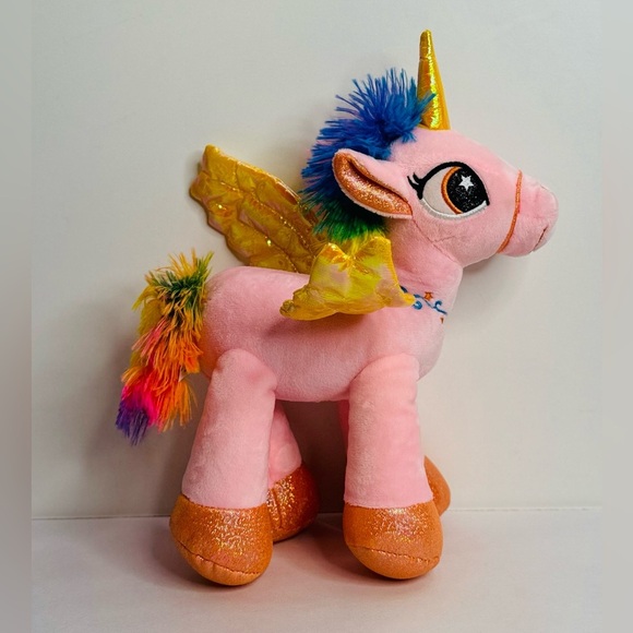Unicorn Alicorn Pink Yellow Shiny Wings Plush Stuffed Animal 14" Glitter‎ - Picture 9 of 14